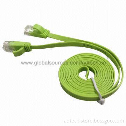 Flat Cat6A Patch Cable, Molded UTP, Green, 4-pair 32AWG, 0.24 Inch Cable Width, UL-certified